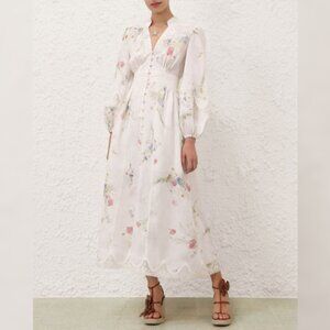 Zimmermann Lucky Lace Floral Deep V-neckline Linen Maxi Dress